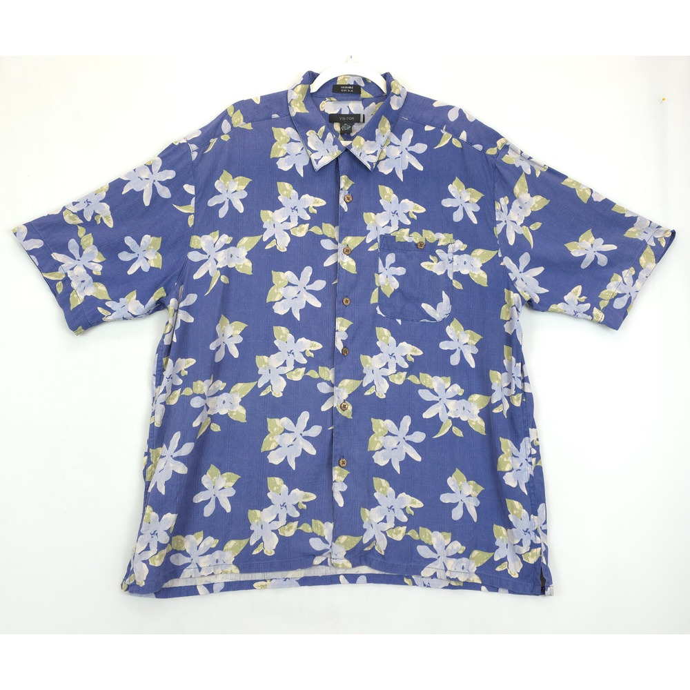 Visitor Hawaiian Silk Button Up Shirt Mens 2XL Blue Aloha Floral Short‎ Sleeve